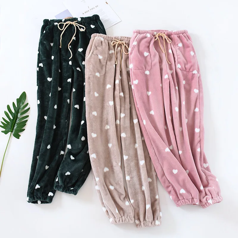 Winter Pajamas Home Pants For Women Elastic Trousers Loose Warm Thicken Fannel Pijamas Pants Sleepwear Printed Autumn Nightwear