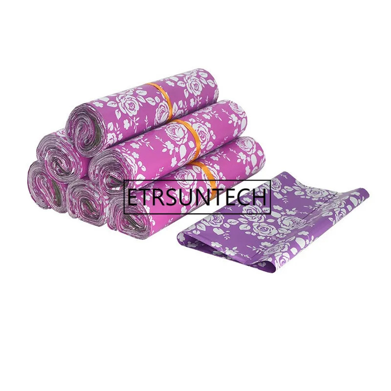 500pcs  Purple Pink Rose pattern Plastic Post Mail Bags Poly Mailer Self Sealing Mailer Packaging Envelope Courier express bag