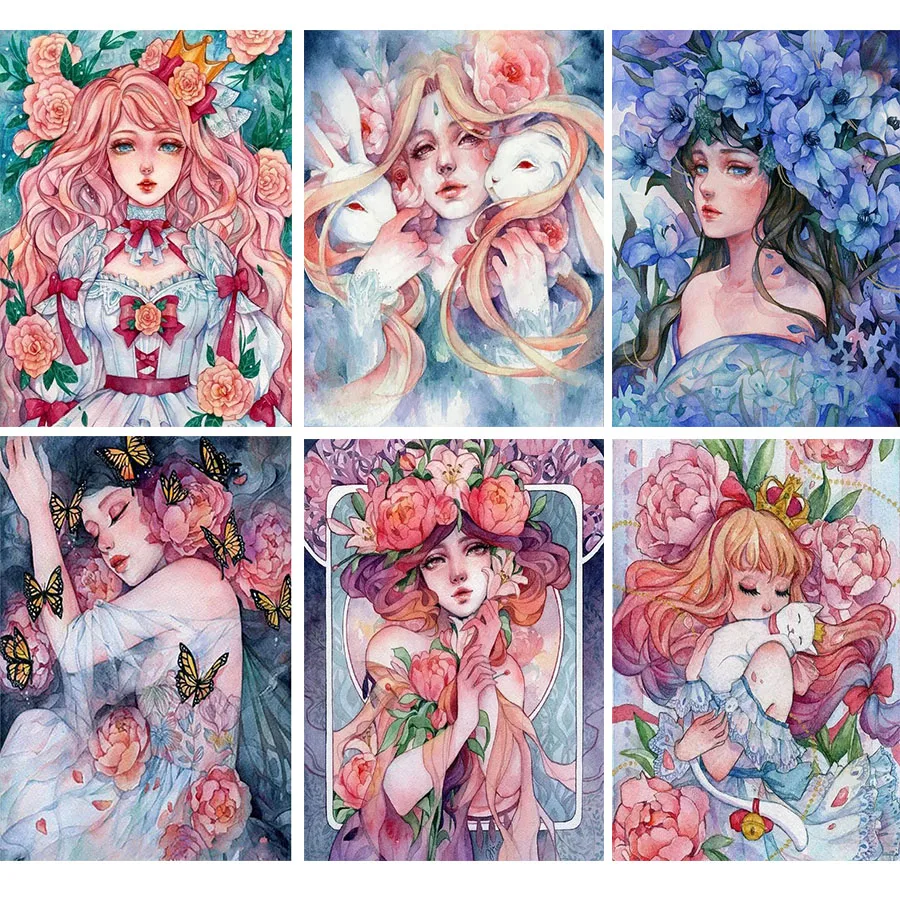 Diamond Painting Girl Wearing Flowers Anime Woman Cartoon Comic Beauty Head Character Illustration Fashion Small Fresh Poster