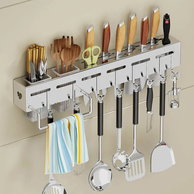 Stainless Steel Knife Holder Kitchen Organizer Accessories Multifunctional Household Punch-Free Lid Storage Rack Wall-Mounted