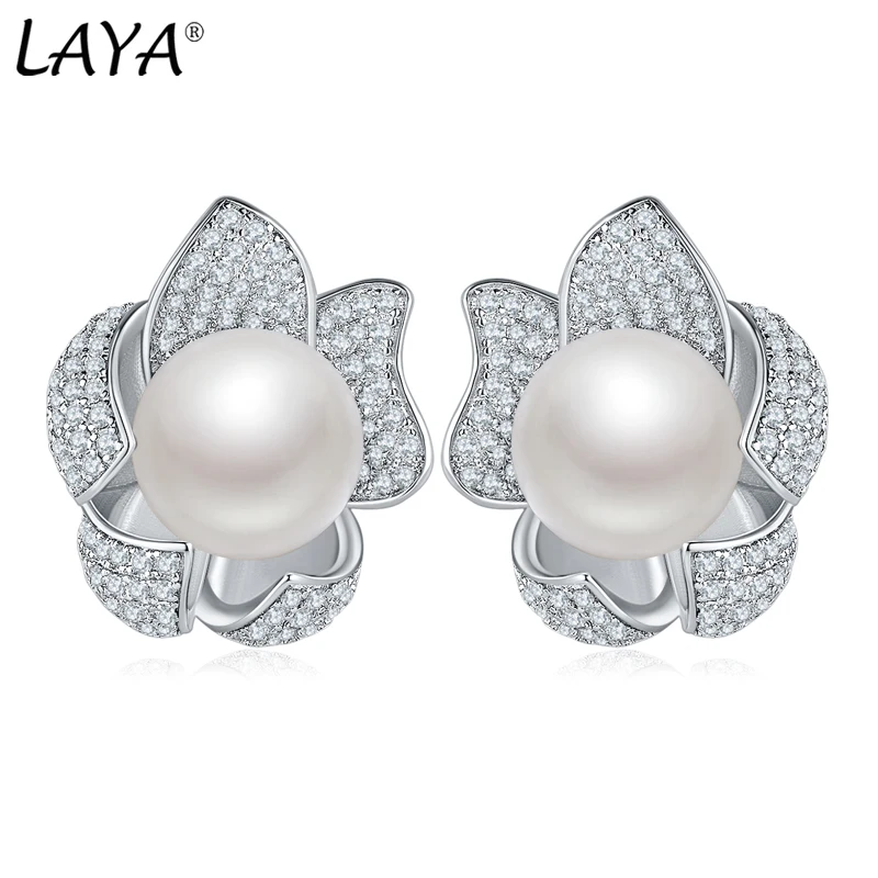 Laya Natural Pearl Earrings For Women Pure 925 Sterling Silver High Quality Clear Cube Zirconia Stud Earrings Luxury Jewelry