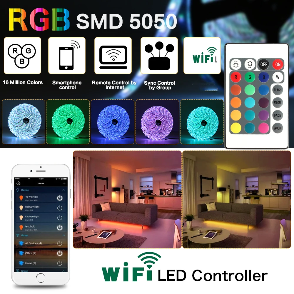 DC12V 5V 5050 RGB elastyczny listwa oświetleniowa Led taśma LED czarny PCB + WIFI RF kontroler LED + 12V 3A 6A 8A LED power DIY zestaw