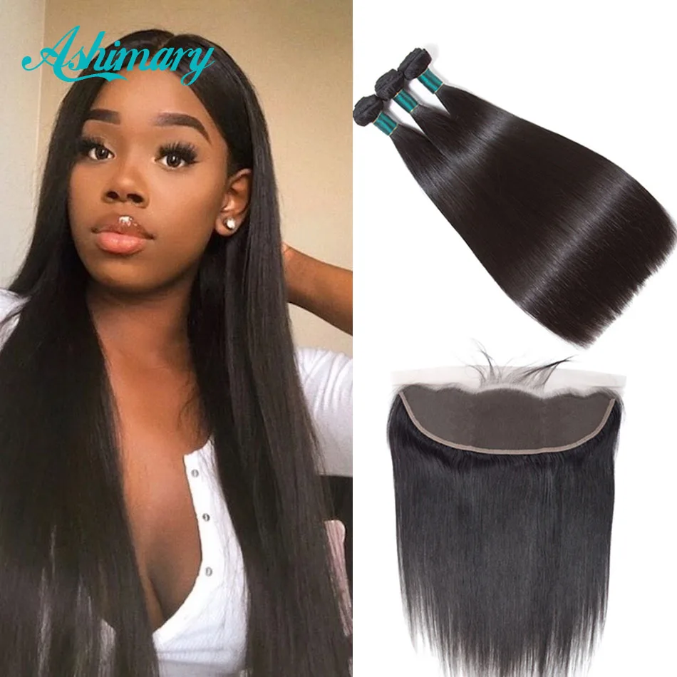 Ashimary Malaysian Straight Hair 13x4 Lace Frontal Closure with Bundles Remy Human Hair Bundles with Lace Frontal Free Part