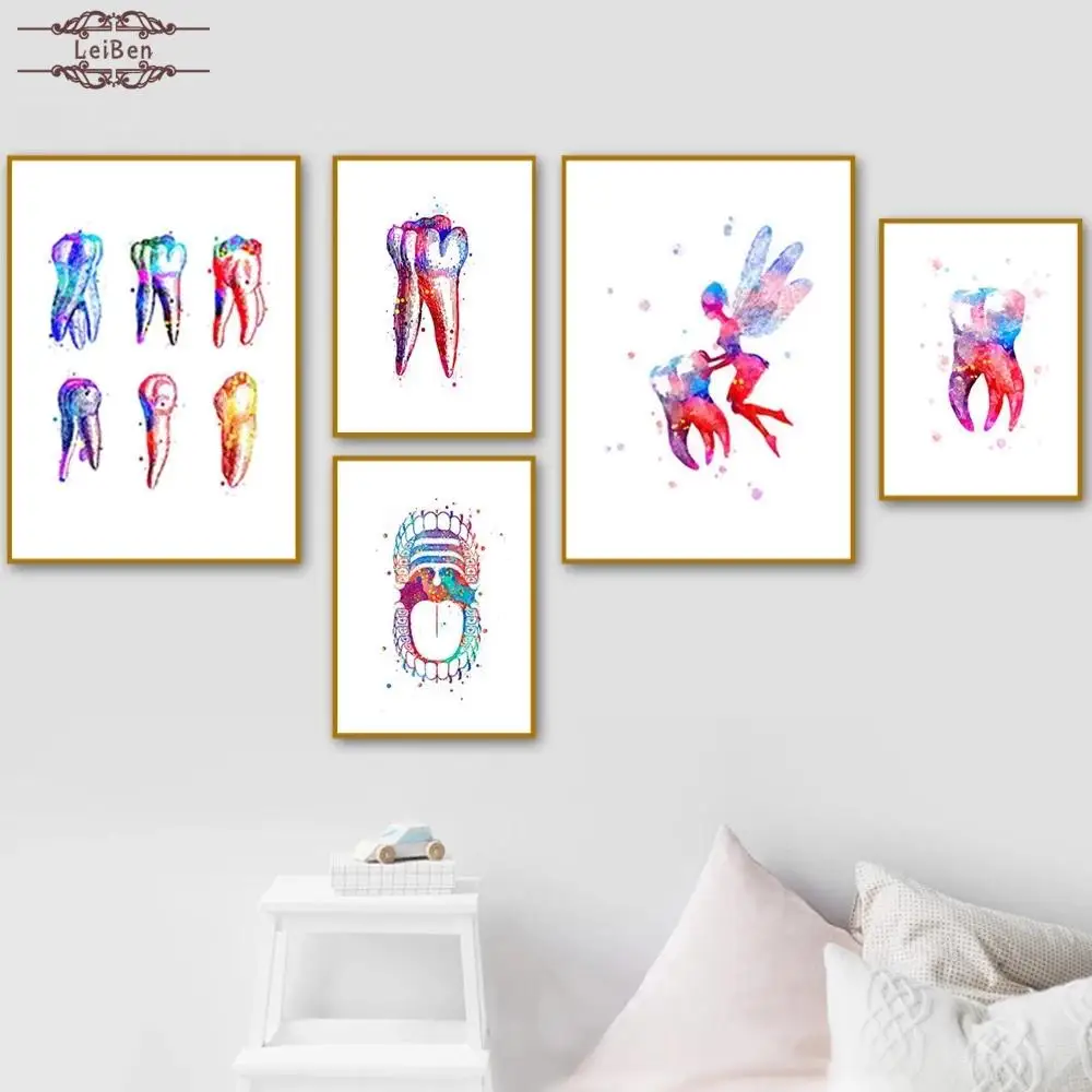 Oral Health Colored Teeth Poster Dental Implant Anatomy Canvas Painting Medical Wall Art Pictures for Hospital Clinic Decor