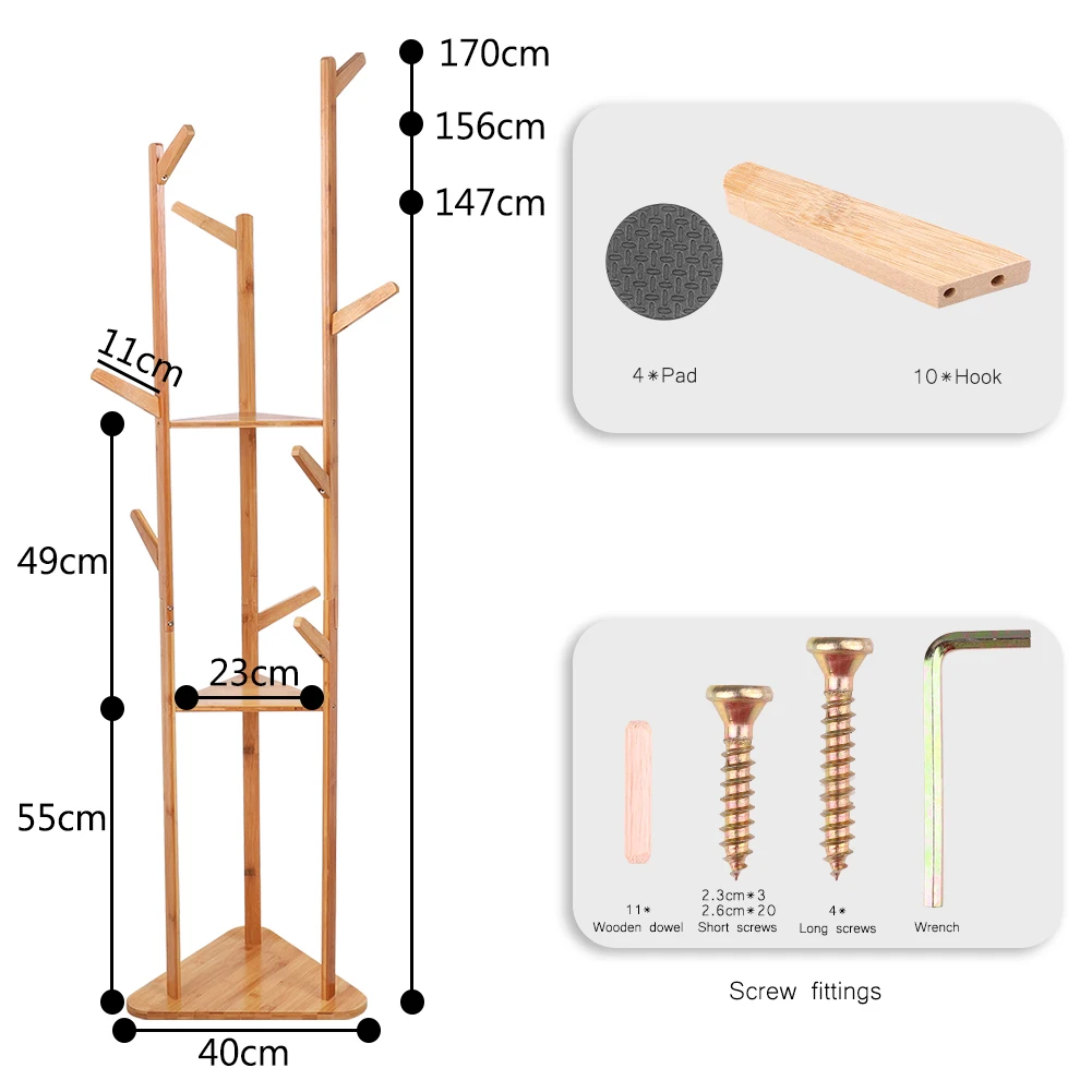 Perchero de bambú para ropa, colgador de tela de árbol, 9 ganchos, soporte de estante de 3 capas, pasillo, sala de estar para sombreros, ropa, bufandas, bolsos, paraguas