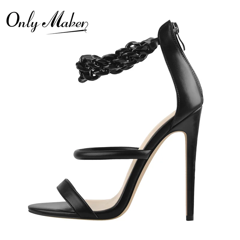 Onlymaker Summer Thin High Heel Sandals For Women Matte Black Ankle Chain Decoration Cover Heel Zipper Narrow Band Large Size