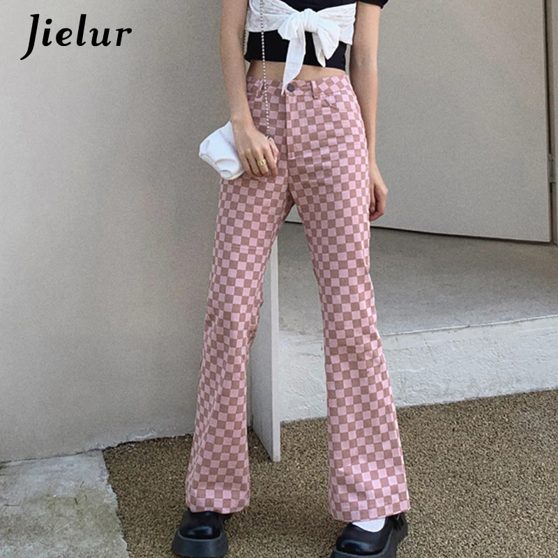 Jielur Slim Plaid High-waisted Straight Pants for Women Casual Pink Flare Pant Female 2021 Summer Streetwear Women\'s Trousers