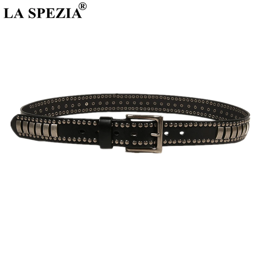 LA SPEZIA Rivet Men Genuine Leather Rock Belt Brown Male Belts High Quality Novelty Motorbike Autumn Punk Clothing Accessories