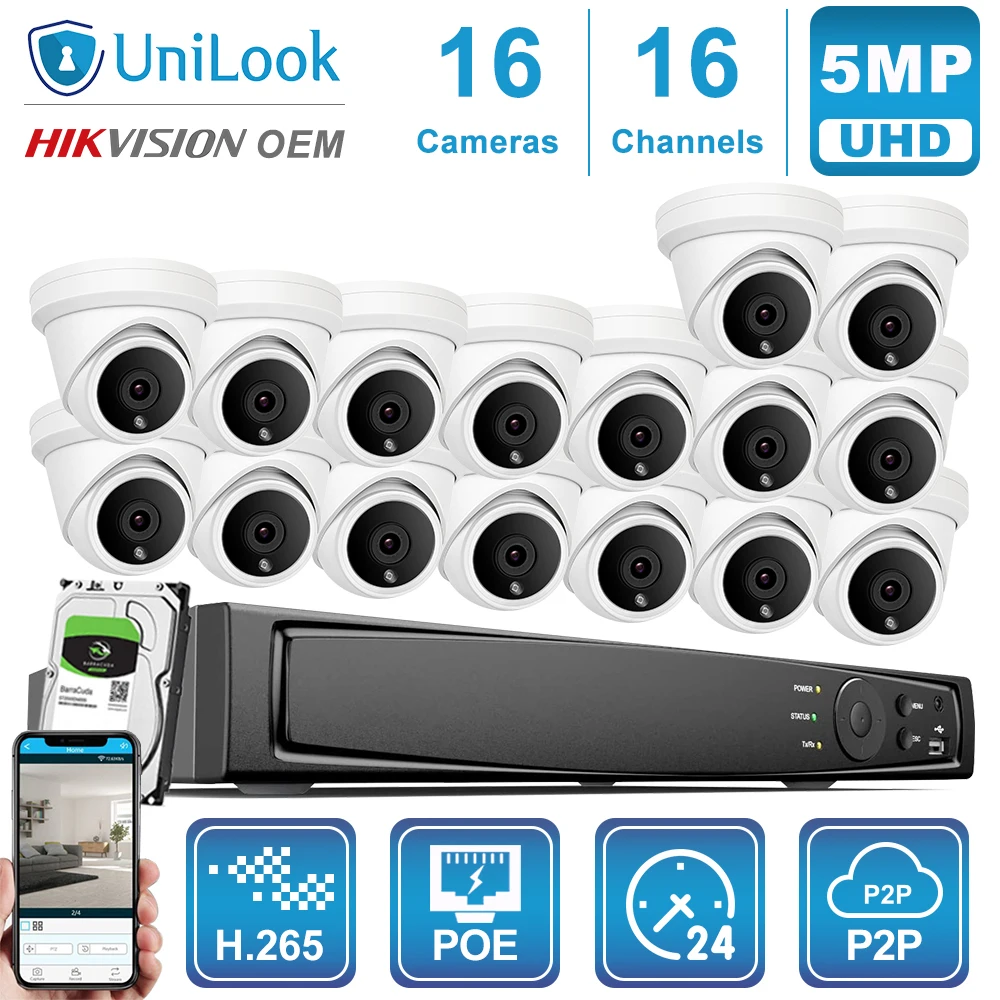 UniLook 16CH NVR 5MP Turret POE IP Camera 8/10/12/16PCS Outdoor Security OEM H.265 CCTV system NVR Kit With HDD P2P