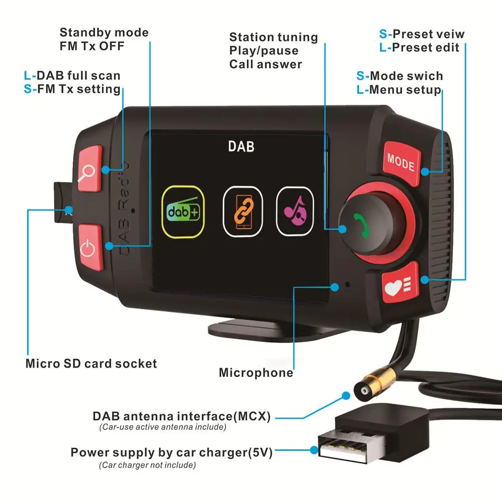 Car DAB+/DAB Radio Adapter Car FM Transmitter with 2.4 Inch Display and Bluetooth Car Mount MP3 Player