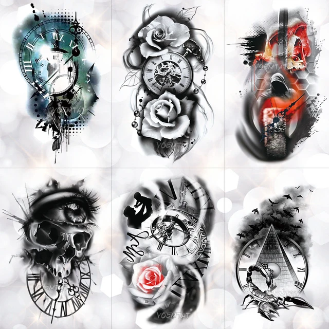 Reloj de tiempo de Rosa familiar para hombres tatuaje temporal de Calavera pegatina de torre de escorpion tatuajes impermeables arte corporal tatuaje falso para brazo