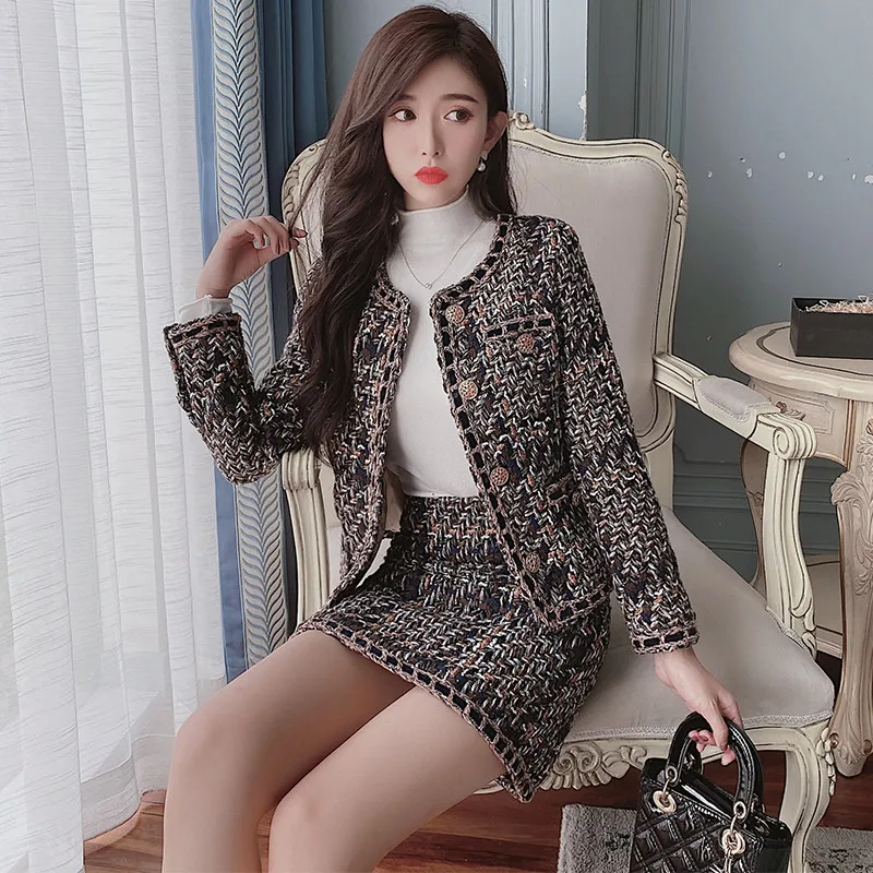 

BLLOCUE Autumn Winter Runway Suit Set Women Elegant Long Sleeve Weave Tweed Woolen Jacket Coat+Mini Skirt 2PCS Clothing Set