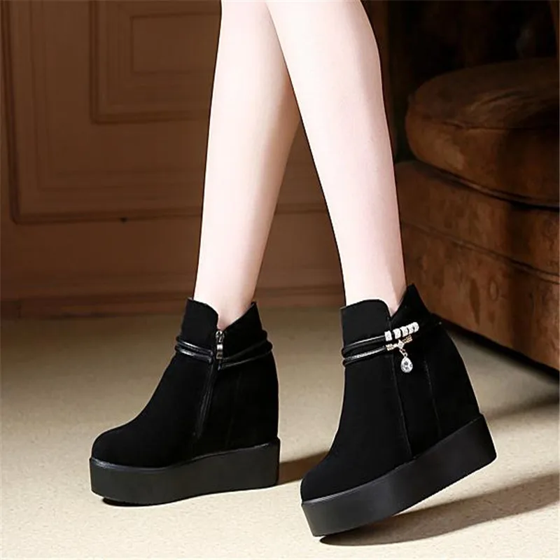 Platform Thick Bottom Shoes Woman Black White Ankle Boots Ladies Hidden Heel Casual Autumn Winter  Boots Ladies Shoes