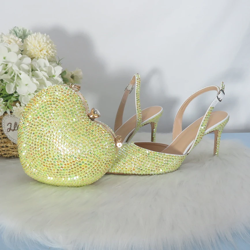 2022 New Arrival Heart Yellow Bling Pointed Toe Wedding Shoes and bag Woman High Pumps Thin Heel Party Dress Shoes Slingbacks