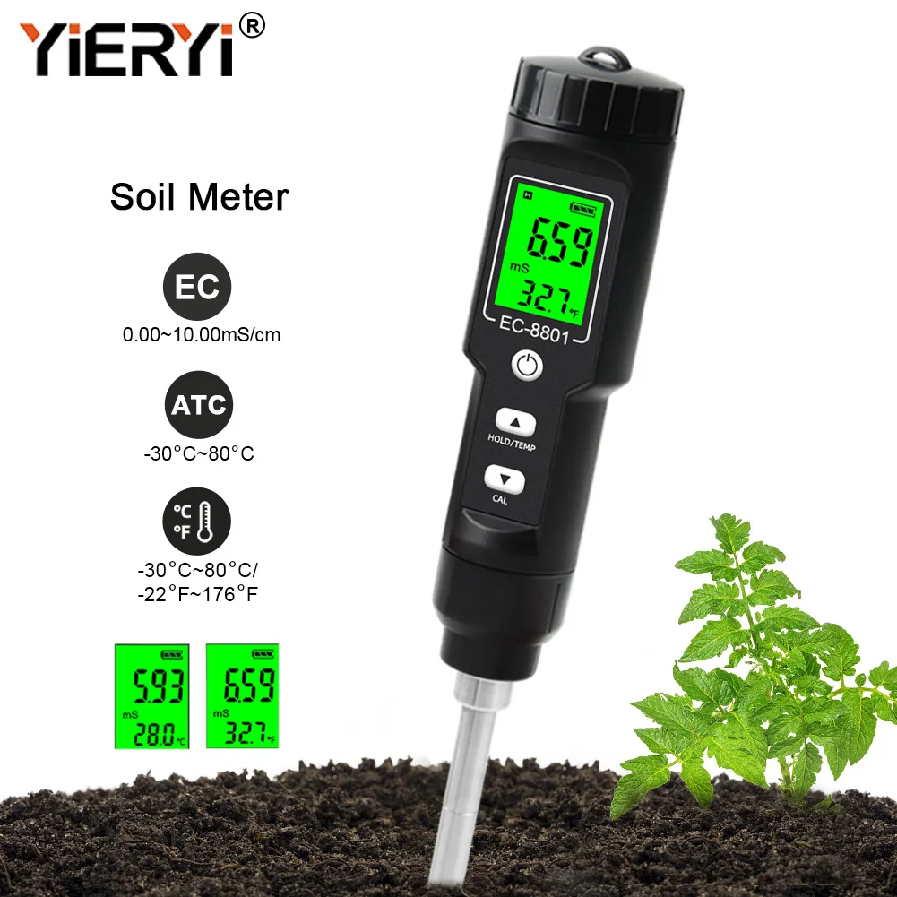 Yieryi EC/TEMP Soil Tester 0.00-10.00 MS/cm Hand Digital Garden Meter Soil Tester Tools Potted Plants Gardening Agriculture Farm