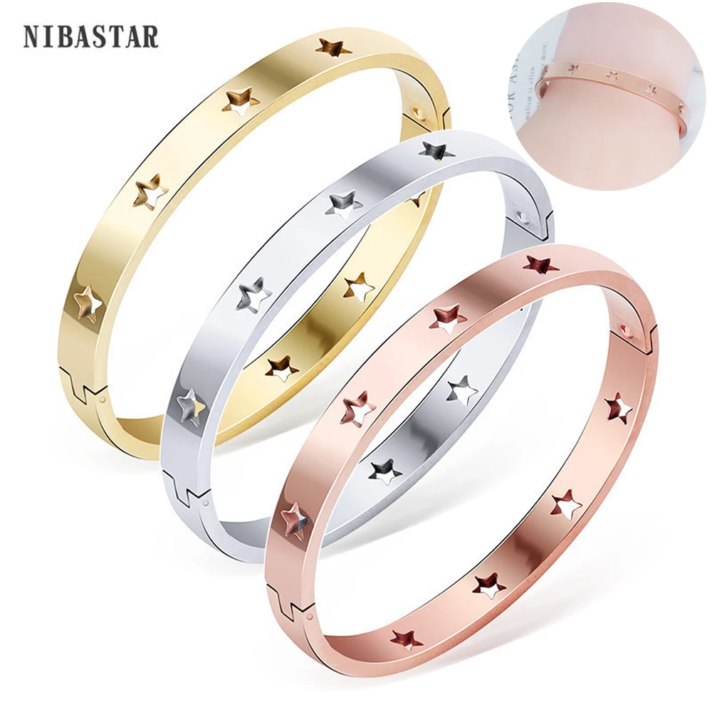 NIBASTAR Hollow Star Bracelets & Bangles For Women Fashion Stainless Steel Sweet Romantic Bracelet Rose Gold Color Jewelry Gift