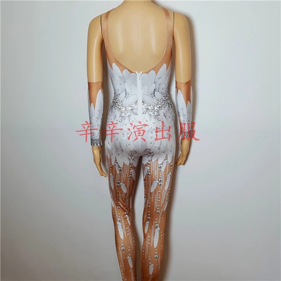 Sexy Rhinestones Jumpsuit Women White Feather Printed Bodysuit Nightclub Singer Dance Outfit Rhinestones Stage Rompers Vestido