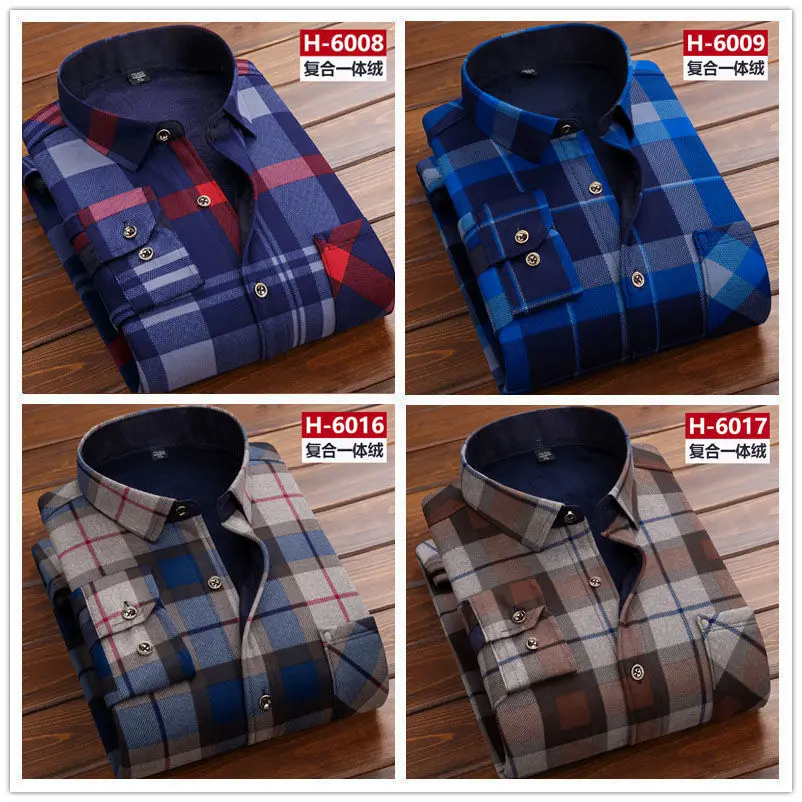 2024 New Autumn Winter Men Fleece Shirt Fashion Plaid Thick Keep Warm Shirt Male Print Long Sleeve Business Big size Shirt L-6XL