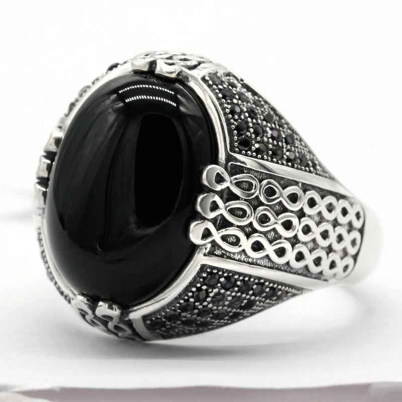 

Black Natural Agate Stone Solid 925 Sterling Silver Ring For Men Women Vintage Wedding/Party Ring Turkey Jewelry Fine Jewelry