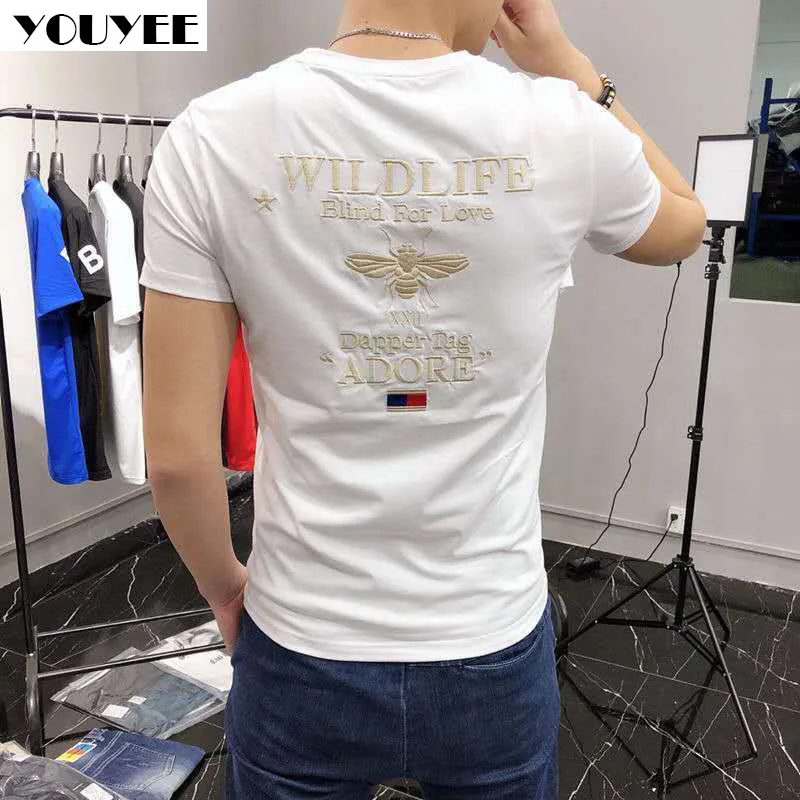 Short Sleeve T-shirt Men\'s Embroidery Bee 2021 Summer New Leisure Korean Handsome Versatile High-Quality Cotton Slim Male Top