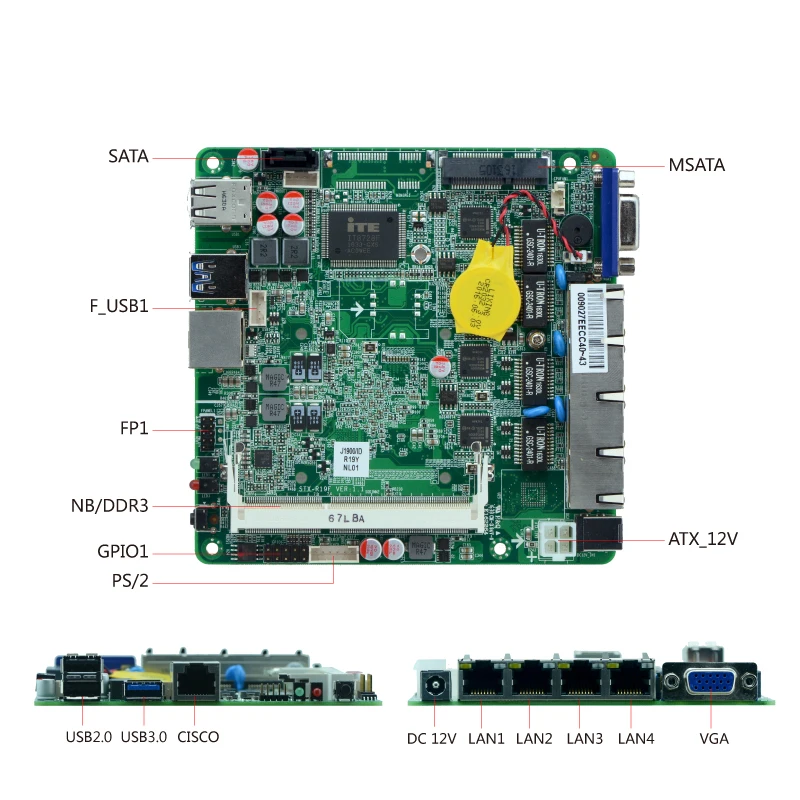 Nano ITX Motherboard With Bay Trail J1900 Processor Quad Core 2.0 GHz VGA 4x Gigabit LAN VPN Router Firewal