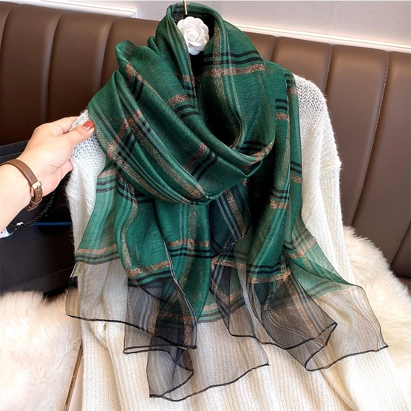 

2021 Luxury Silk Wool Scarf Women Plaid Long Foulard Female Glitter Shawl Wrap for Ladies Hijab Spring Winter Thin Warm Scarves