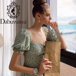 Dabuwawa Exclusive Summer Boho Print Dress Women Puff Sleeve Square Neck Single Breasted A-Line Beach Dress Female DO1BDR025