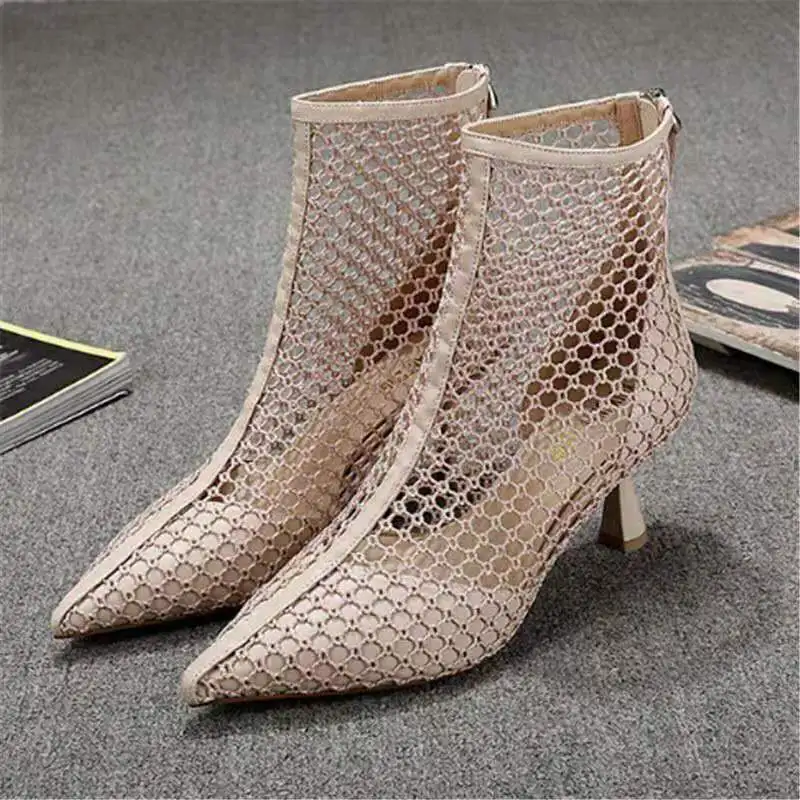 Europea Style Women Mesh Shoes,Booties,Sexy Hollow out Sandals Boots,Summer Heels,Pointed toe,Back Zip,Black,Apricot,Dropship