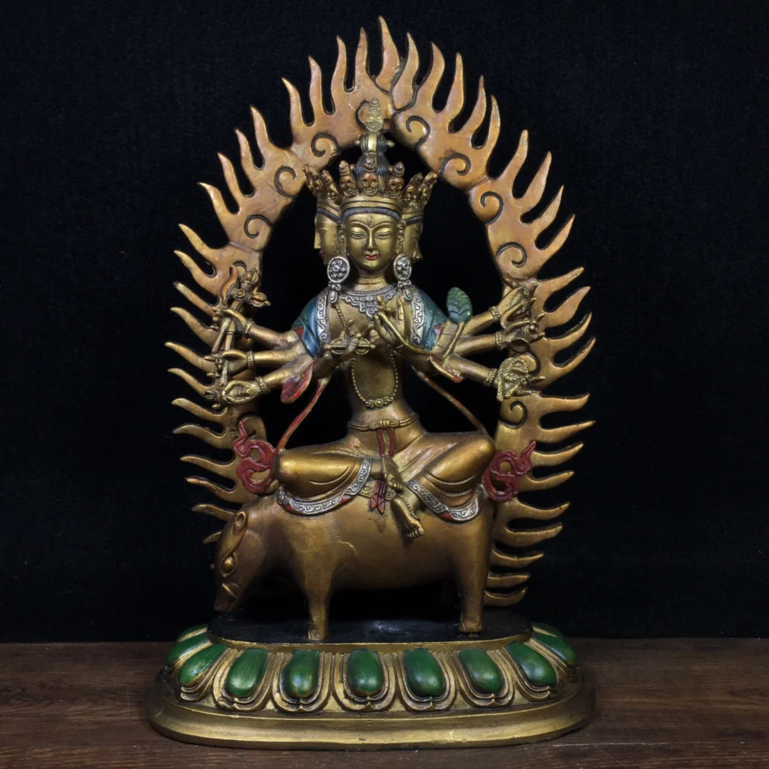 

12"Tibetan Temple Collection Old Bronze Painted Morichi Molizhitian Riding a Divine Beast Backlight Worship Hall Town House