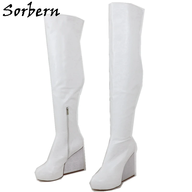 Sorbern Fashion Perspex Wedge Heel Boots Over The Knee Thigh High Platform Shoes Pure White Custom Leg Fit Big Size Eu43