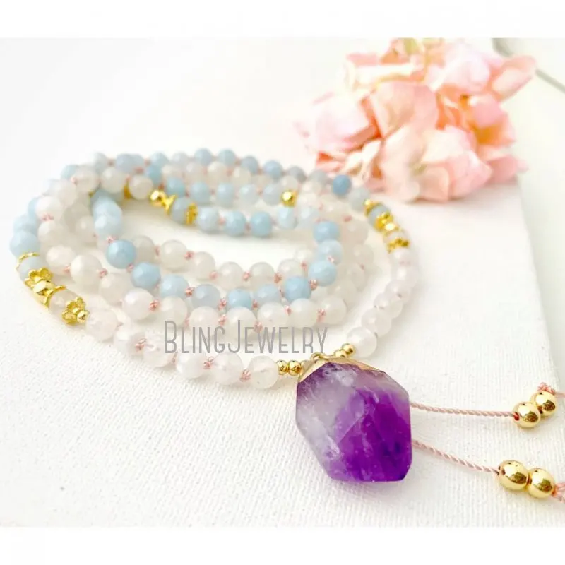 MN35012 Mala Necklace With Moonstone Aquamarine And Amethyst Guru Crystal 108  Prayer Beads  Meditation 