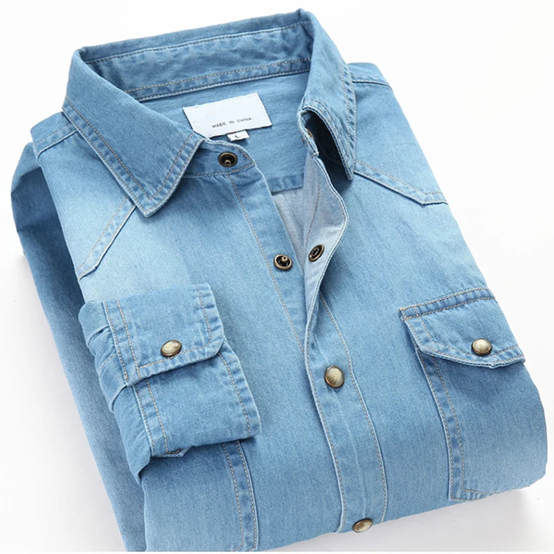 Fashion Men Denim Shirt Thin Long Sleeve Soft Cotton Double Pockets Slim Slight Elastic Jeans Blue Tops Cowboy Clothing