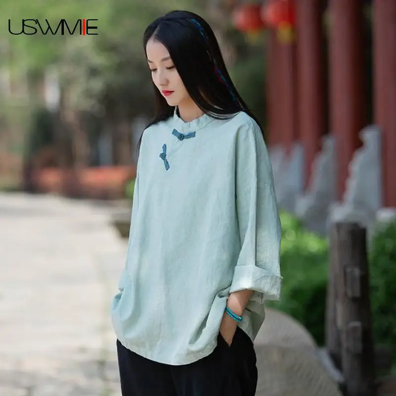 Free Shipping Women Shirt Retro Outwear Linen Color Blocking Spring/autumn Long Sleeve Pure Color Loose Comfort Female Blouse