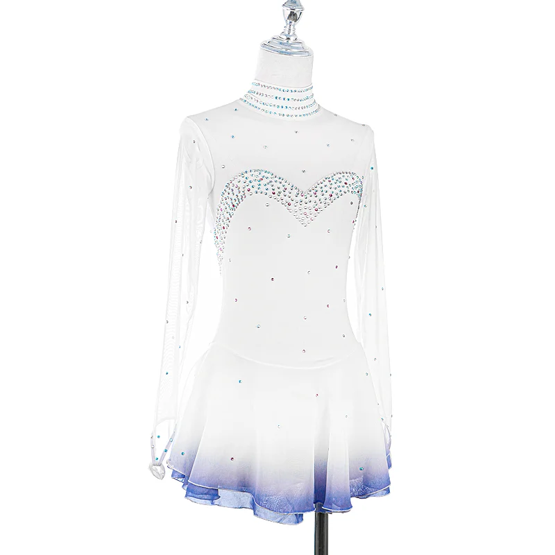 White Gradient Figure Skating Dress For Women And Girls Long Sleeve Ice Figure Skating Clothes With Rhinestones