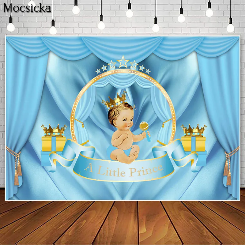 Little Prince Royal Blue Baby Shower Backdrop Black Boy Gold Crown Photography Background for Birthday Party Decoration Poster
