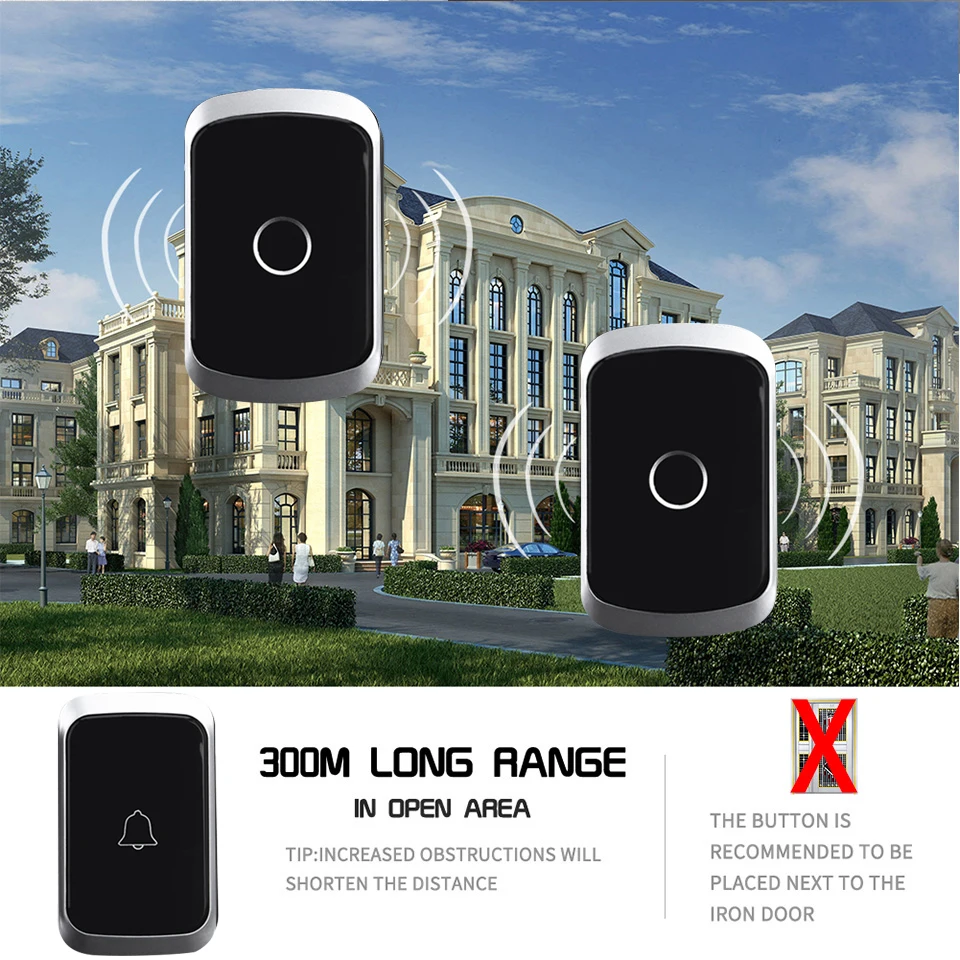 CACAZI Wireless Doorbell Waterproof 60 Chimes 5 Volume 0-110dB US EU UK Plug Home Cordless Bell 1 2 Button 1 2 3 Receiver