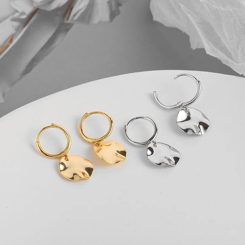 ANENJERY Silver Color Irregular Coin Hoop Earrings for Women Party Weddings Minimalist Jewelry