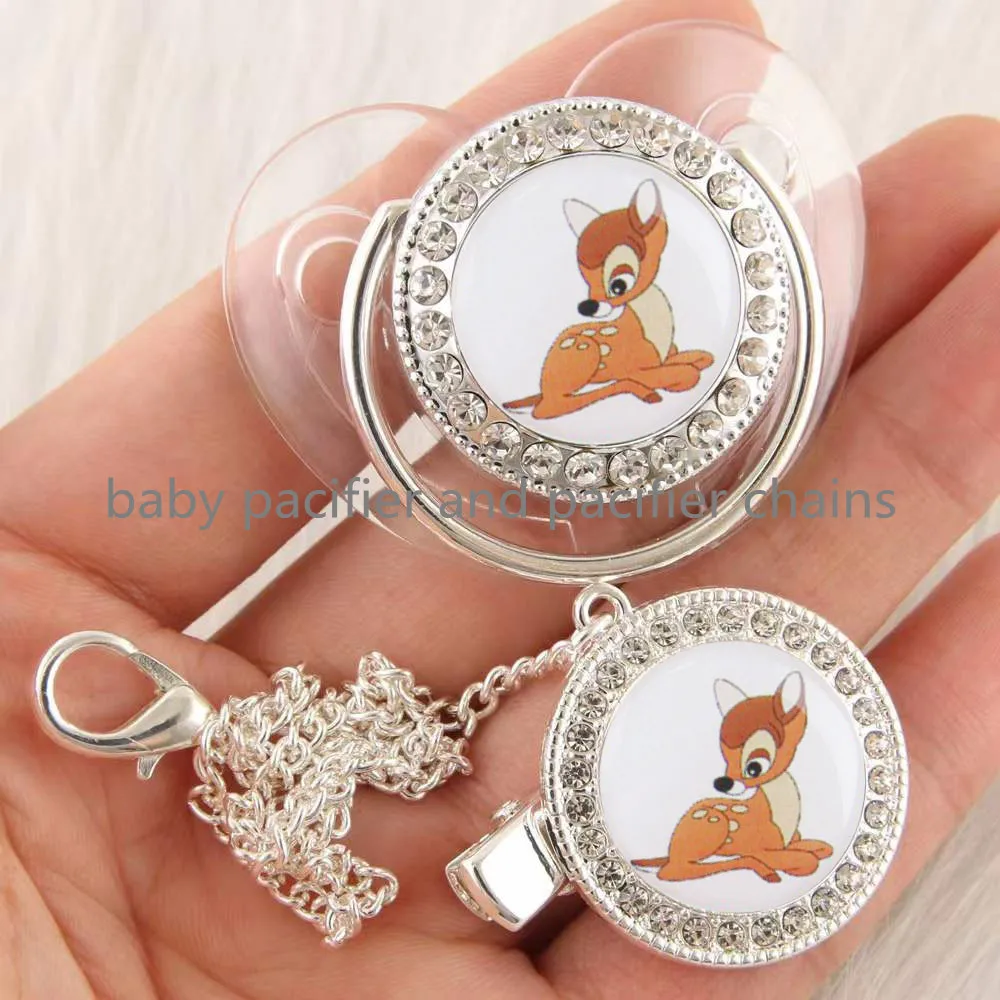 1set Disney Cartoon Silver Transparent Baby Pacifier with Clip Newborn BPA Free Luxury Bling Tetine Bebe and Pacifier Clips