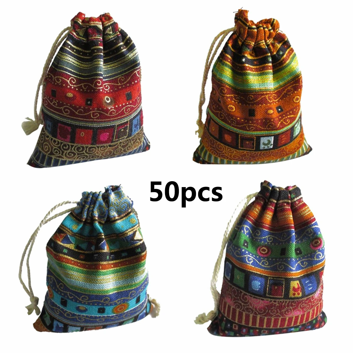 

50Pcs Cotton Jewelry Bags Ethnic Gift Bags Drawstring Bags Christmas Jewelry Pouches Wedding/Candy Bags 9.5*12cm