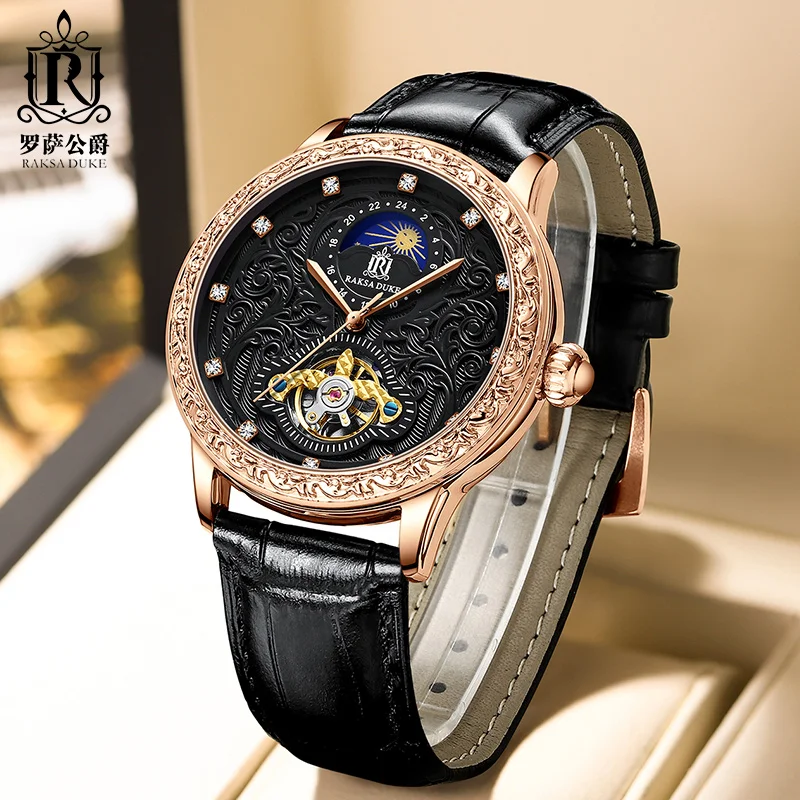 Luxury Watch for Men RAKSA DUKE T890B Men Mechanical Wristwatches Push Button Hidden Clasp Zirconium Diamonds Scale Moon Phase