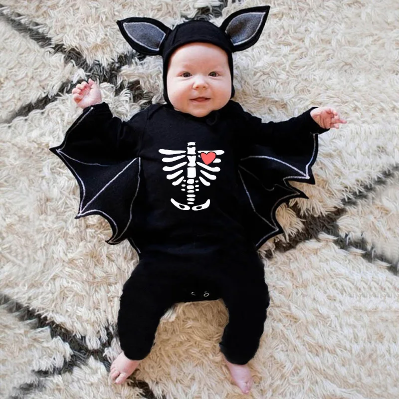 

Baby Boy Clothes Kids Skull Halloween Costume Bat Romper Jumpsuit Infant Autumn Black Playsuits Beanie