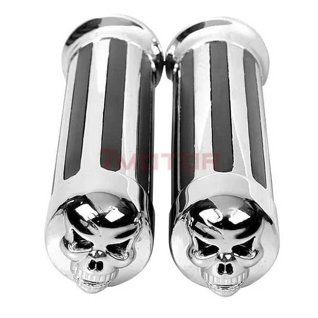 1 Pair Motorcycle Skull Stripe Chrome Hand Grips Handle Bar 1\'\'