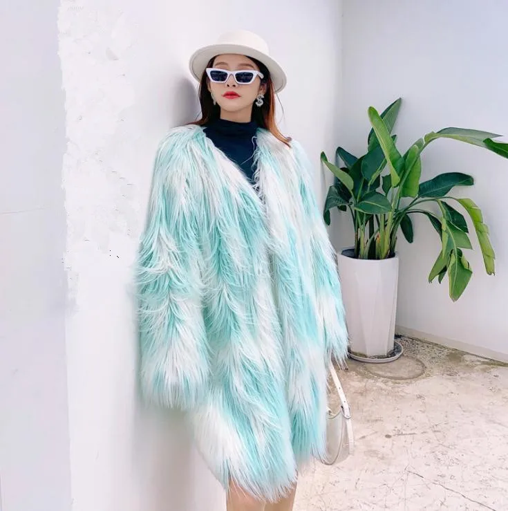 Women Long Fur Imitation Lamb Wool Fur Outwears Mixed Color Female V Neck Winter Warm Fake Fur Overcoats Fashion Jackets J3399