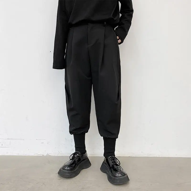 Calça do harém de cintura elástica cônico preta masculina, calça masculina algemada, roupas superdimensionadas de hip hop, moda