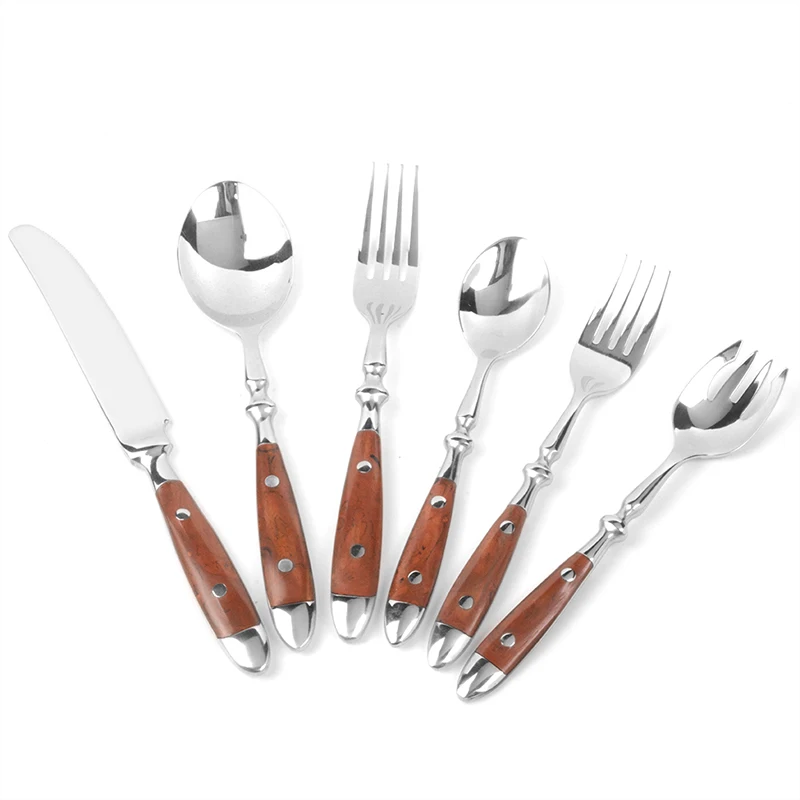 Steak Knives Fork Spoon Wood Handle Laguiole Style Flatware Stainless Steel Cutlery Dinner