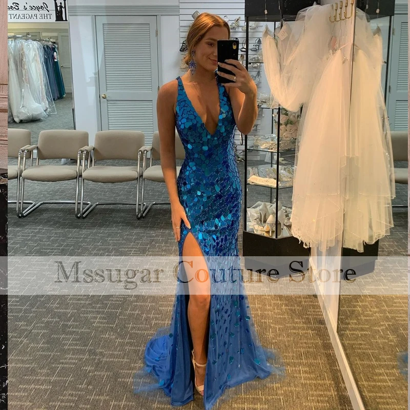 

2021 Crystal Blue Mermaid Prom Dresses V-Neck Backless High Split Informal Party Gowns Wear