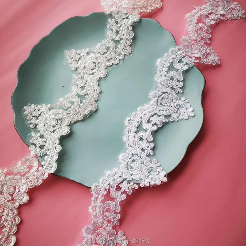 3Yard/7cm White Ivory Cording Edge Polyester Embroidery Lace Trim for Bridal Wedding Gown Costume Design Lace Ribbon
