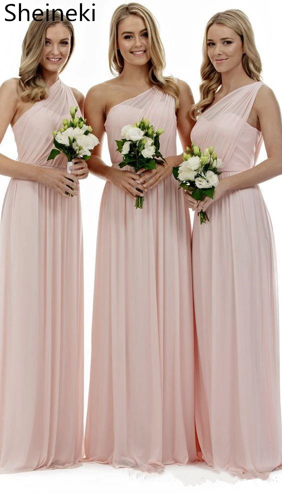 

Simple Pink Chiffon Bridesmaids Dresses Long Sexy One Shoulder Cheap Country A Line Wedding Party Gowns vestido de festa longo