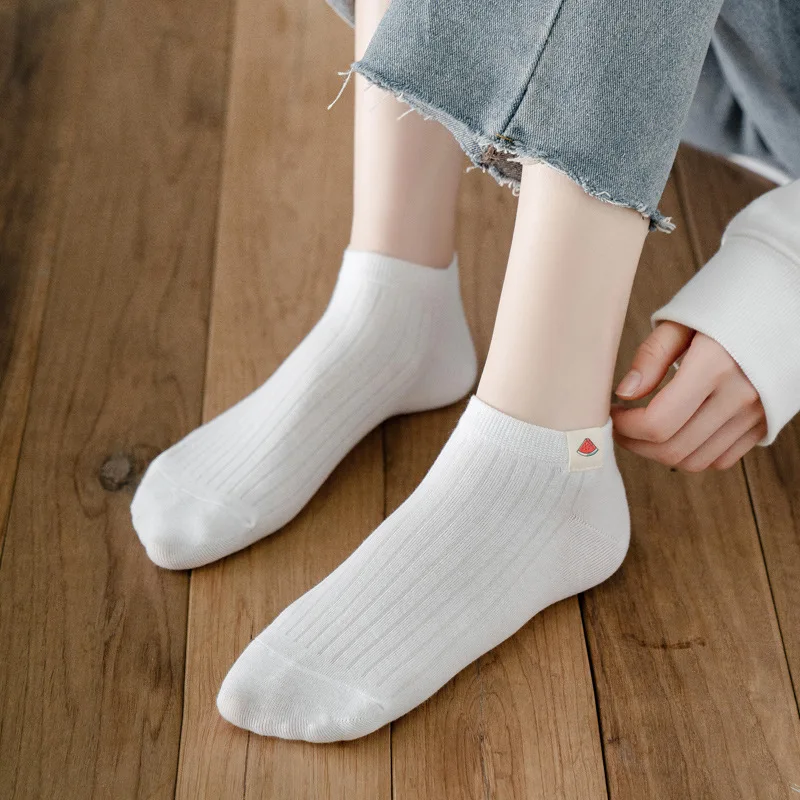 Women White Fruit Cotton Short Ankle Socks Pineapple Pear Watermelon Cherry Weather Cloth Label Breathable ins tide Korean Socks