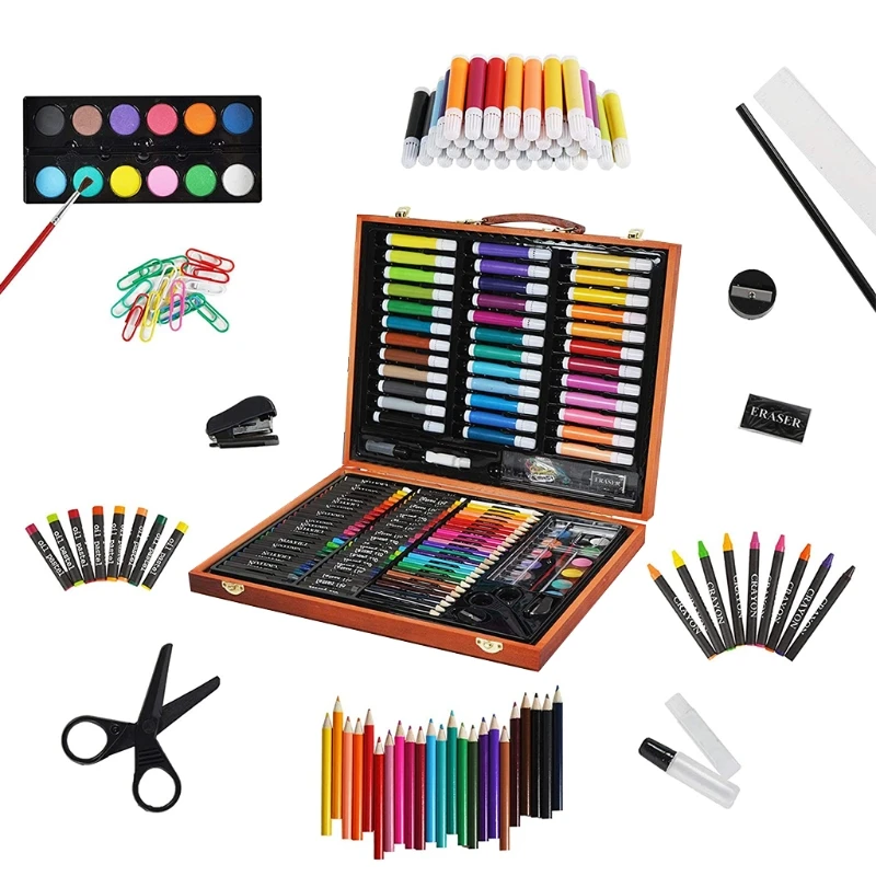 

150 Pieces Kids Deluxe Artist Drawing Painting Set Portable Wooden Case with Oil Pastels Colored Pencils Marker